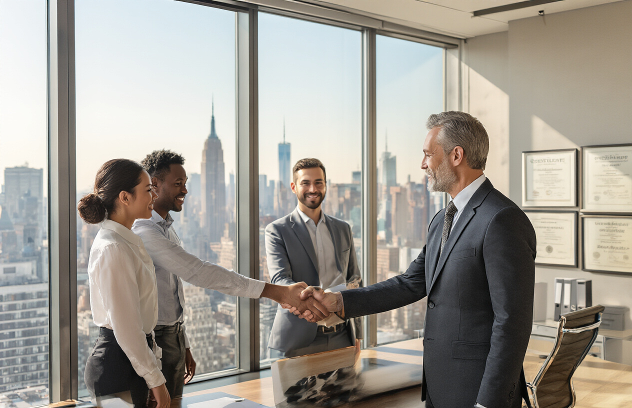 Why SEO Is Important For Business NY? Boost Your Growth in Best 7 Tips 5 Create a realistic image of a professional white male business owner in a suit shaking hands with a diverse group of satisfied customers (including a black female and an Asian male) inside a modern New York office with large windows showing the Manhattan skyline in the background, warm natural lighting creating a trustworthy and credible atmosphere, with subtle elements like certificates on the wall and a clean, organized workspace that conveys reliability and professionalism, absolutely NO text should be in the scene.
