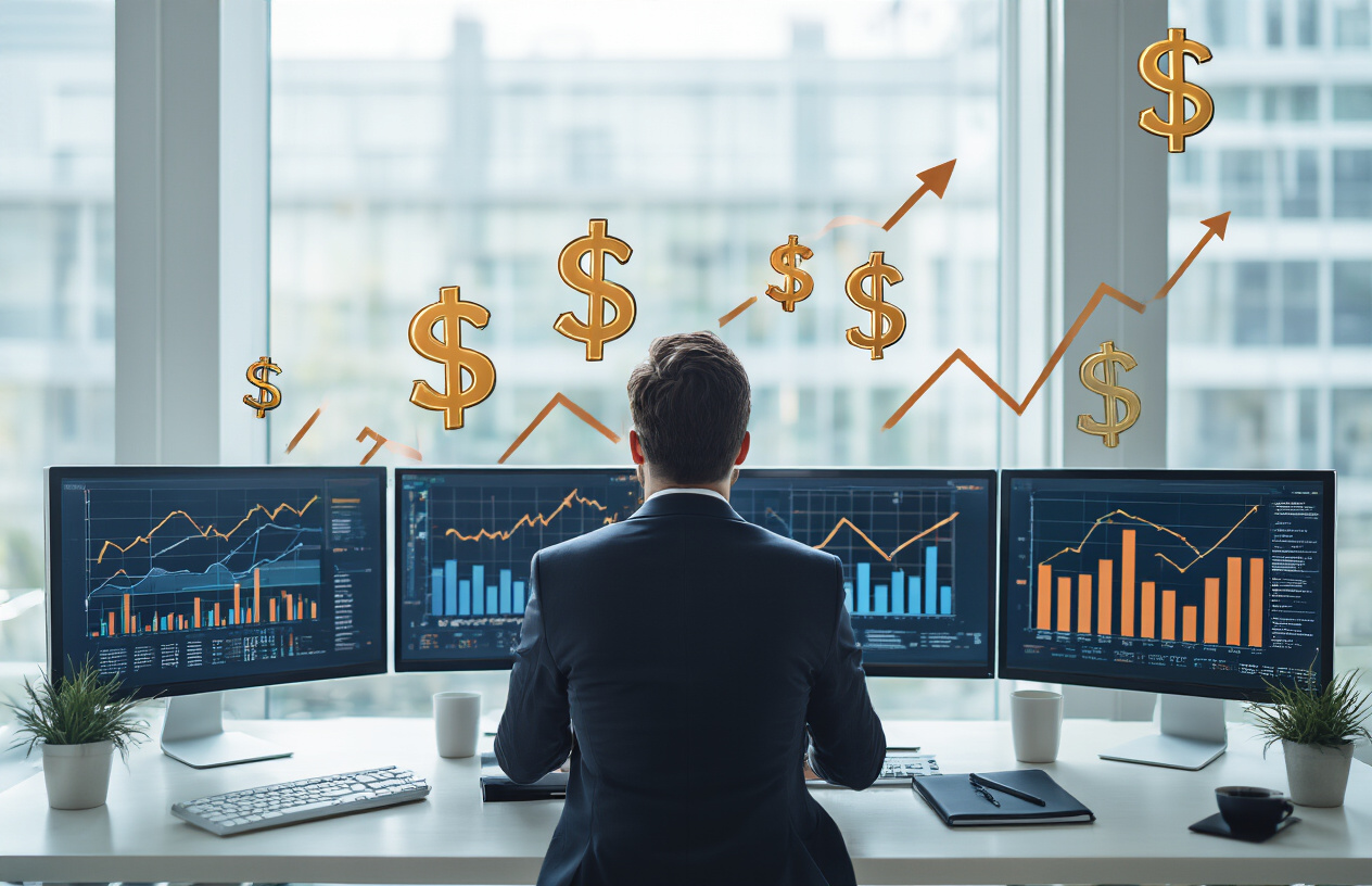 Why SEO Is Important For Business NY? Boost Your Growth in Best 7 Tips 6 Create a realistic image of a professional businessman in a suit looking at upward trending financial charts and graphs on multiple computer monitors in a modern office setting, with dollar signs and growth arrows visible on the screens, bright natural lighting from large windows, conveying success and profitable marketing results, absolutely NO text should be in the scene.