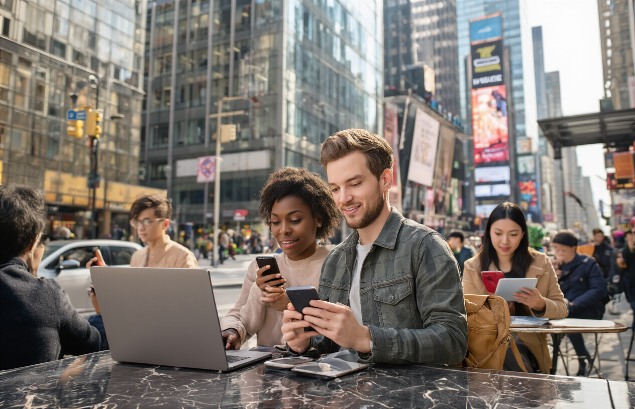 Why SEO Is Important For Business NY? Boost Your Growth in Best 7 Tips 7 Create a realistic image of diverse New York City residents using smartphones and laptops for online shopping and searching, including a black female on her phone, a white male with a laptop, and an Asian female browsing on a tablet, set against an urban NYC backdrop with iconic buildings and busy streets, showing people engaged in digital activities while walking or sitting in cafes, with warm natural lighting suggesting daytime activity, capturing the fast-paced digital lifestyle of modern New Yorkers, absolutely NO text should be in the scene.