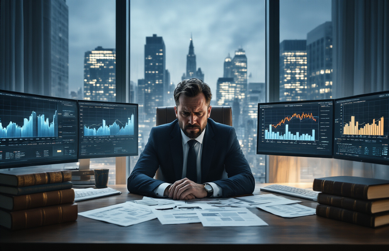 Why Does SEO For Personal Injury Lawyers Matter? Essential 9 Info 3 Create a realistic image of a stressed white male lawyer in his 40s sitting at a modern office desk surrounded by traditional legal books and papers, while looking overwhelmed at multiple glowing computer screens showing declining website analytics graphs and competitor law firm websites, with a dark cityscape visible through large windows behind him, dramatic lighting casting shadows across his face, capturing the struggle between traditional legal practice and digital marketing demands, absolutely NO text should be in the scene.