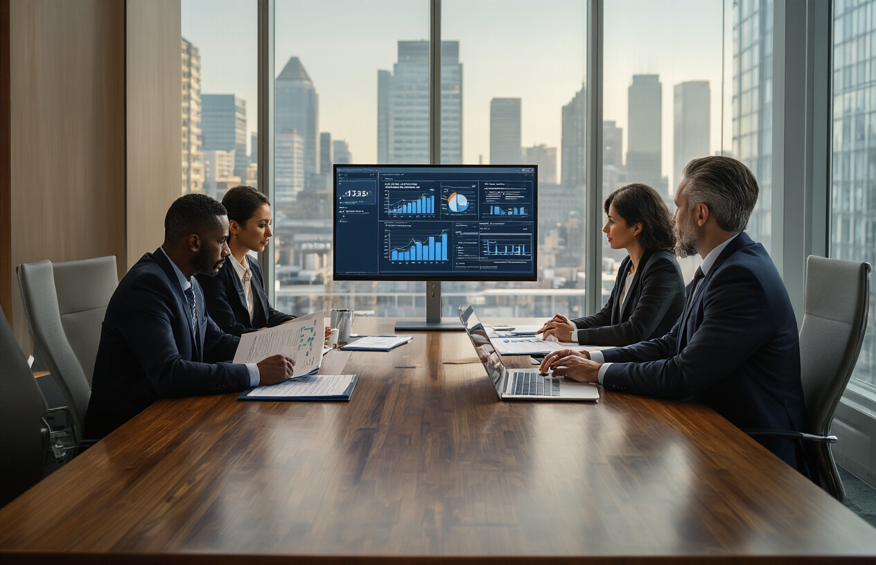 Why Does SEO For Personal Injury Lawyers Matter? Essential 9 Info 4 Create a realistic image of a modern law office conference room with a large wooden table where a professional white male lawyer in a dark suit is reviewing case files while a laptop displays analytics graphs and client inquiry forms on screen, with a diverse group of potential clients (a black female, white male, and Hispanic female) sitting across from him in professional attire, all engaged in consultation, with large windows showing a city skyline in the background, warm professional lighting illuminating the scene, conveying trust and success, absolutely NO text should be in the scene.