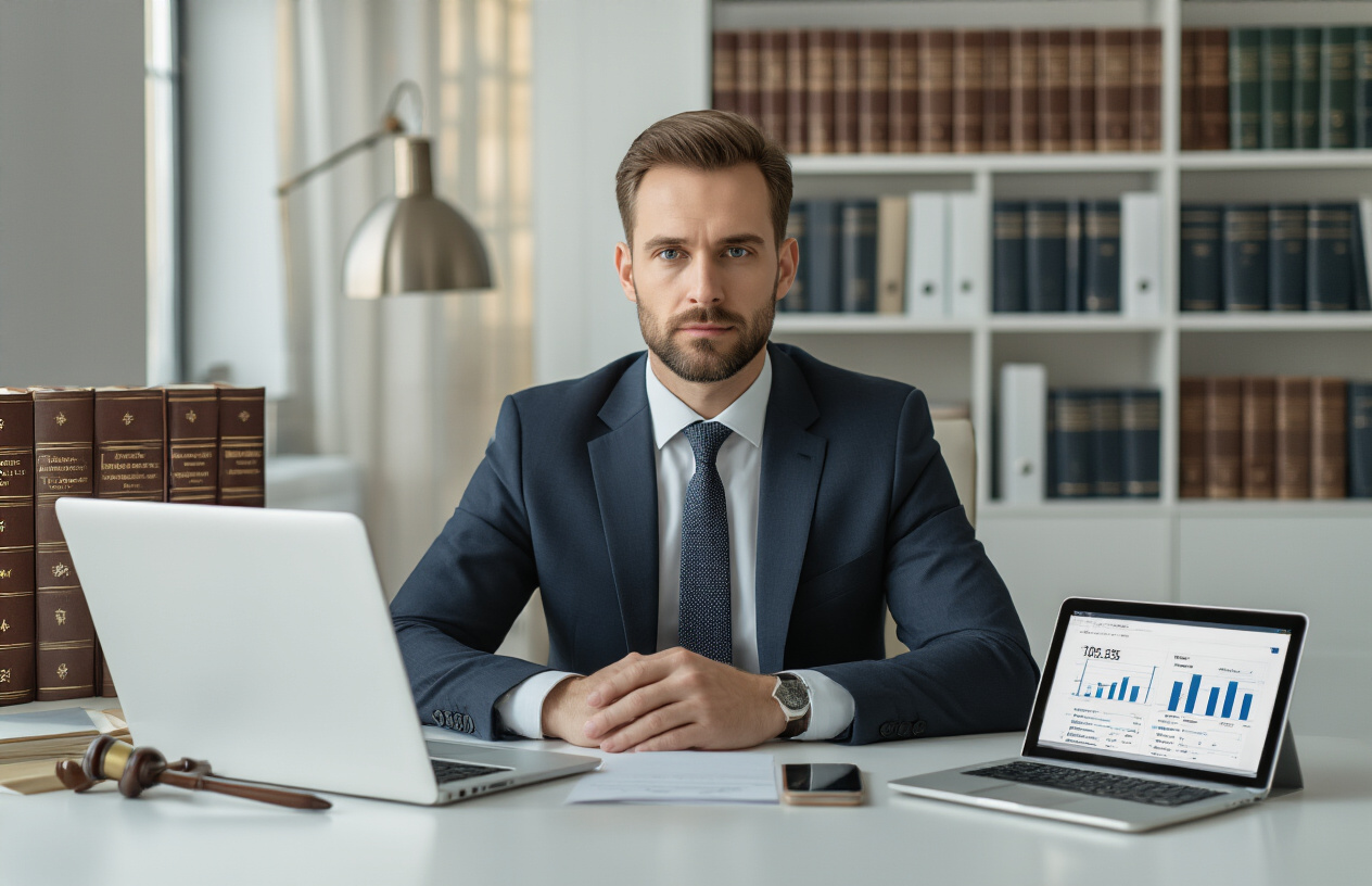 Why Does SEO For Personal Injury Lawyers Matter? Essential 9 Info 5 Create a realistic image of a professional office setting with a white male lawyer in a business suit sitting at a modern desk with a laptop computer, surrounded by law books on shelves, with a subtle view of a tablet showing website analytics graphs and a smartphone displaying search results, set in a well-lit contemporary law office with warm natural lighting from windows, conveying a focused and strategic atmosphere of digital marketing implementation, absolutely NO text should be in the scene.