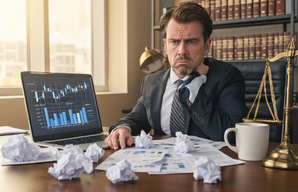 Why Does SEO For Personal Injury Lawyers Matter? Essential 9 Info 7 Create a realistic image of a frustrated white male lawyer in his 40s sitting at a modern office desk, staring at a laptop screen showing declining website analytics graphs, with crumpled papers scattered around the desk, a coffee mug, law books in the background, and a concerned expression on his face in a professional law office setting with warm lighting, absolutely NO text should be in the scene.