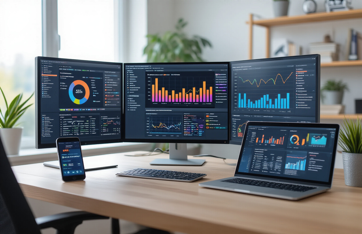 What Is a Good SEO Visibility Score? Find Out Now Best 9 Idea 5 Create a realistic image of a modern office desk setup featuring multiple computer monitors displaying colorful SEO analytics dashboards and graphs, with a sleek laptop showing website performance metrics, surrounded by marketing tools like a smartphone with analytics apps, a tablet displaying keyword rankings, and professional SEO software interfaces visible on screens, set against a clean contemporary workspace with soft natural lighting from a window, warm professional atmosphere conveying digital marketing expertise. Absolutely NO text should be in the scene.
