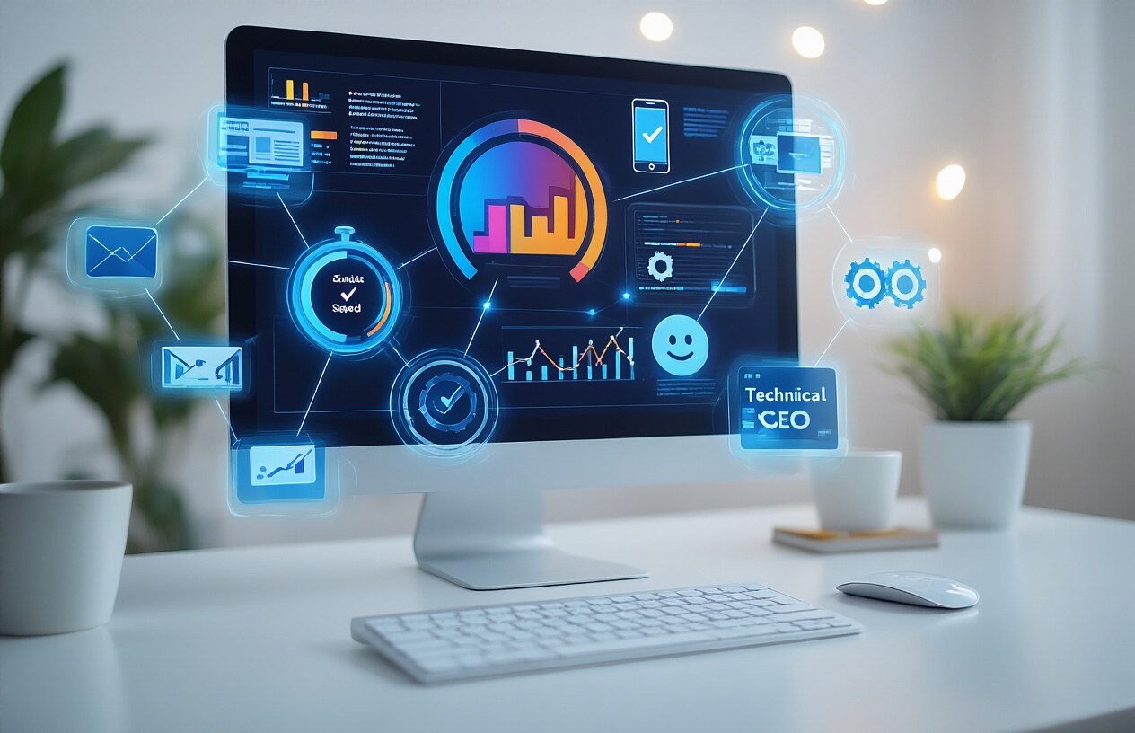 What Is a Good SEO Visibility Score? Find Out Now Best 9 Idea 6 Create a realistic image of a modern digital marketing workspace showing multiple interconnected elements that influence SEO performance: a sleek computer monitor displaying colorful analytics charts and graphs, surrounded by floating holographic icons representing website speed (speedometer), mobile responsiveness (smartphone), content quality (document with checkmark), backlinks (chain links), user experience (smiley face), and technical SEO (gear wheel), all connected by glowing blue network lines, set against a clean white background with soft ambient lighting, professional atmosphere, Absolutely NO text should be in the scene.