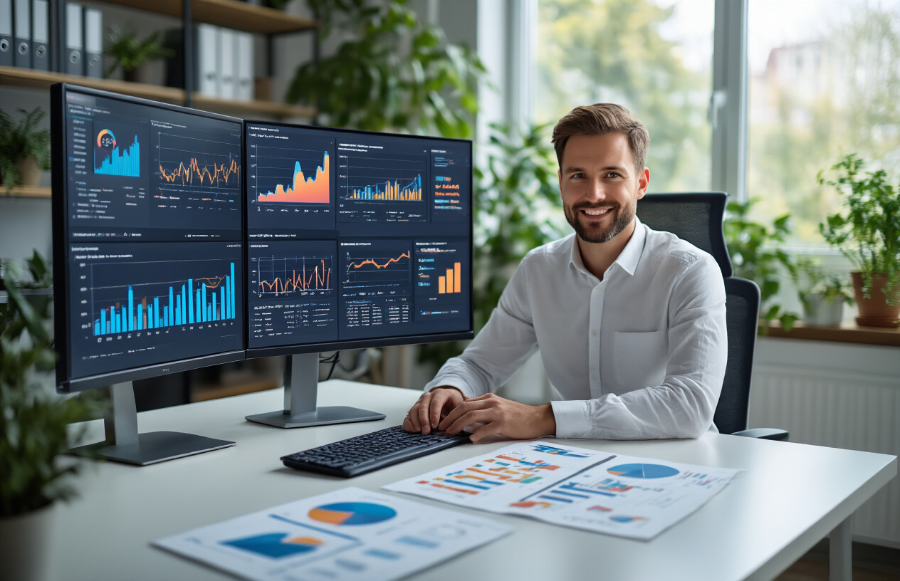What Is a Good SEO Visibility Score? Find Out Now Best 9 Idea 8 Create a realistic image of a modern office workspace showing a professional white male marketing analyst sitting at a clean desk with dual computer monitors displaying colorful SEO analytics dashboards and performance graphs with upward trending lines, surrounded by organized charts and reports on the desk, bright natural lighting from a window, contemporary office environment with plants in the background, focused and analytical mood, absolutely NO text should be in the scene.
