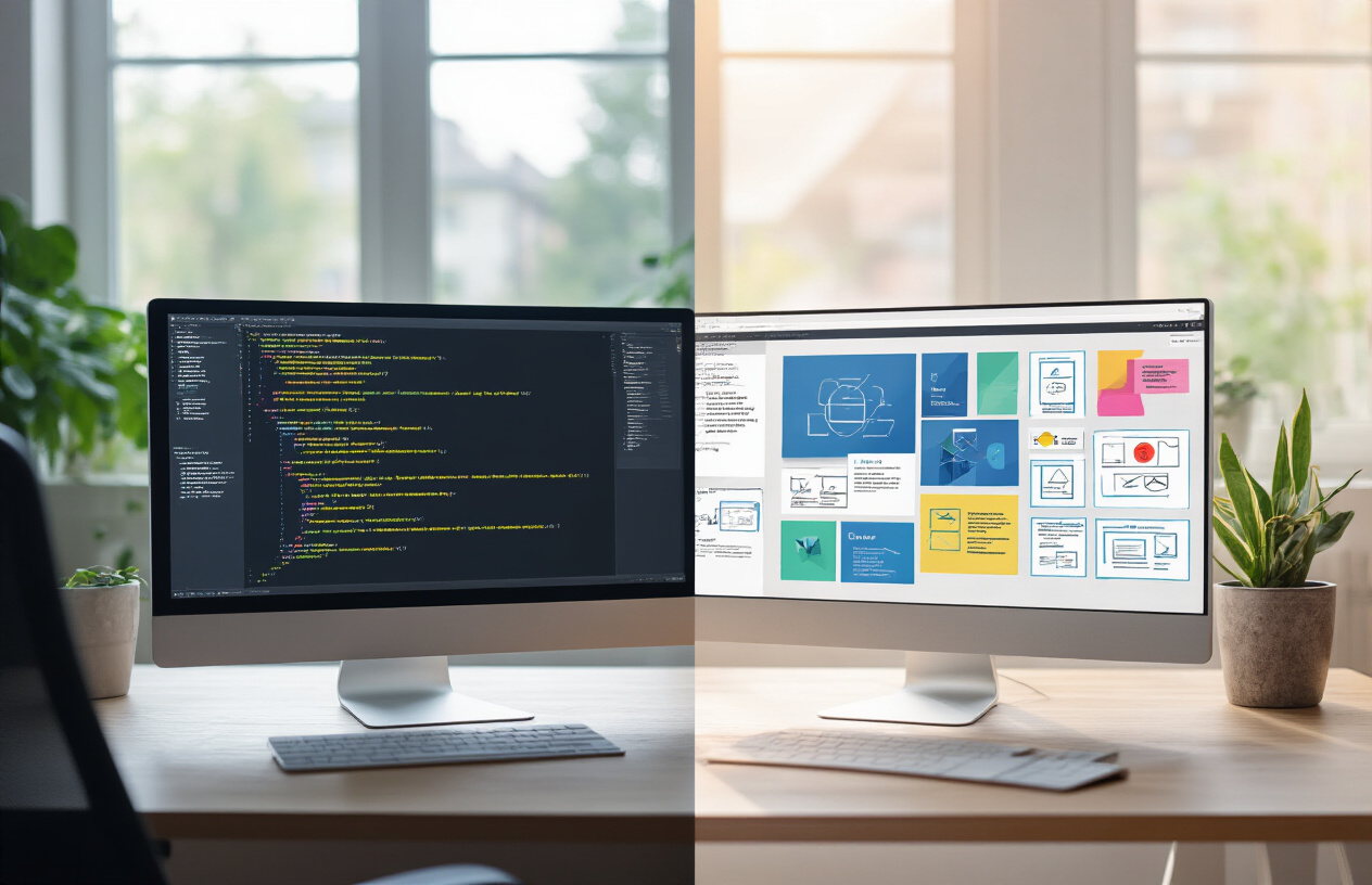 What Do You Need To Balance When Doing SEO? Exclusive 9 Idea 3 Create a realistic image of a split-screen composition showing a modern office workspace with a computer monitor displaying website code and technical elements on one side, while the other side shows colorful user interface design mockups with user journey diagrams and experience wireframes scattered on a desk, with soft natural lighting from a window creating a balanced atmosphere between the technical and creative aspects, absolutely NO text should be in the scene.