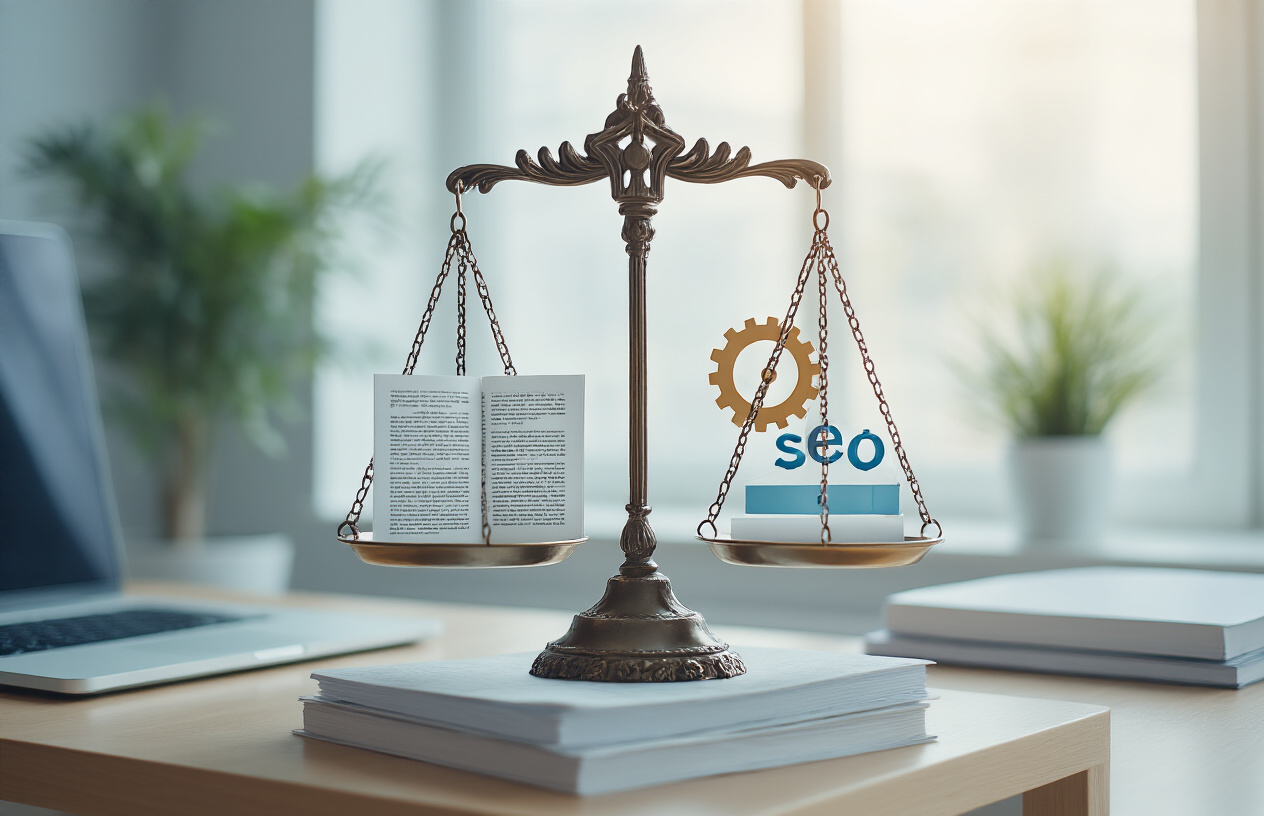 What Do You Need To Balance When Doing SEO? Exclusive 9 Idea 4 Create a realistic image of a balanced scale with high-quality written content pages on one side and search engine algorithm symbols or gears on the other side, set against a modern office desk background with soft natural lighting from a window, showing the delicate equilibrium between content excellence and technical SEO requirements, with a clean professional atmosphere and subtle blue and white color scheme, absolutely NO text should be in the scene.