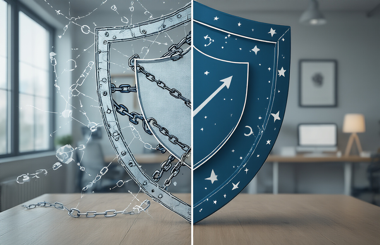 What Do You Need To Balance When Doing SEO? Exclusive 9 Idea 5 Create a realistic image of a professional office scene with a split-screen composition showing two contrasting business concepts: on the left side, a network of interconnected chain links or arrows representing link building strategy with digital connections and web-like structures, and on the right side, a corporate shield or protective barrier symbolizing brand reputation management with clean, polished branding elements, set against a modern office background with soft natural lighting, neutral color palette of blues and grays, absolutely NO text should be in the scene.