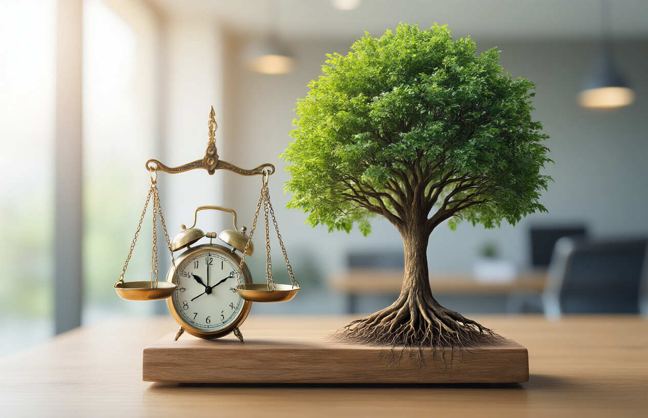 What Do You Need To Balance When Doing SEO? Exclusive 9 Idea 6 Create a realistic image of a balanced scale with a clock showing immediate time on one side and a growing tree with deep roots on the other side, set against a modern office background with soft natural lighting, conveying the concept of balancing quick results versus long-term growth, absolutely NO text should be in the scene.