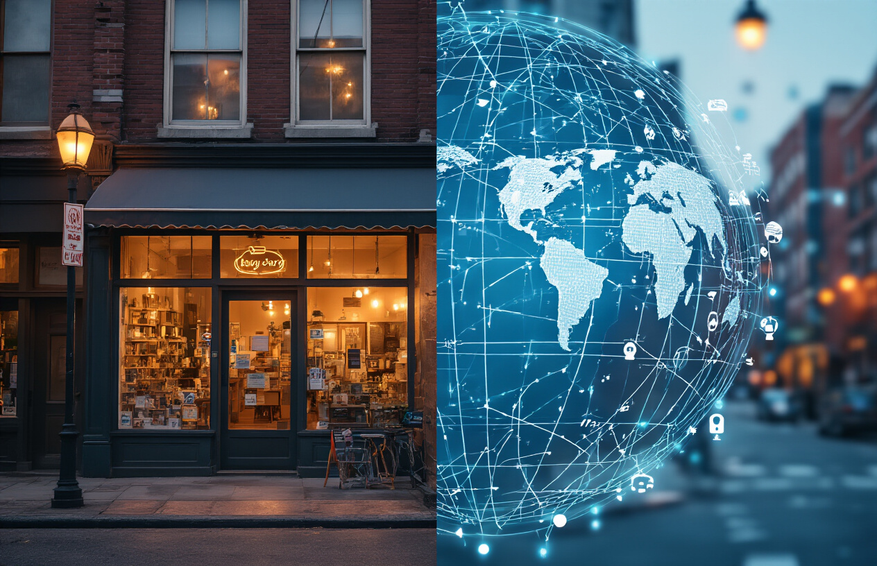 What Do You Need To Balance When Doing SEO? Exclusive 9 Idea 7 Create a realistic image of a split-screen composition showing a local business storefront with visible street signs and neighborhood buildings on the left side, and a global map with interconnected network lines and digital connectivity symbols on the right side, representing the balance between local SEO targeting and broader market reach, with warm lighting on the local side and cool blue digital lighting on the global side, absolutely NO text should be in the scene.