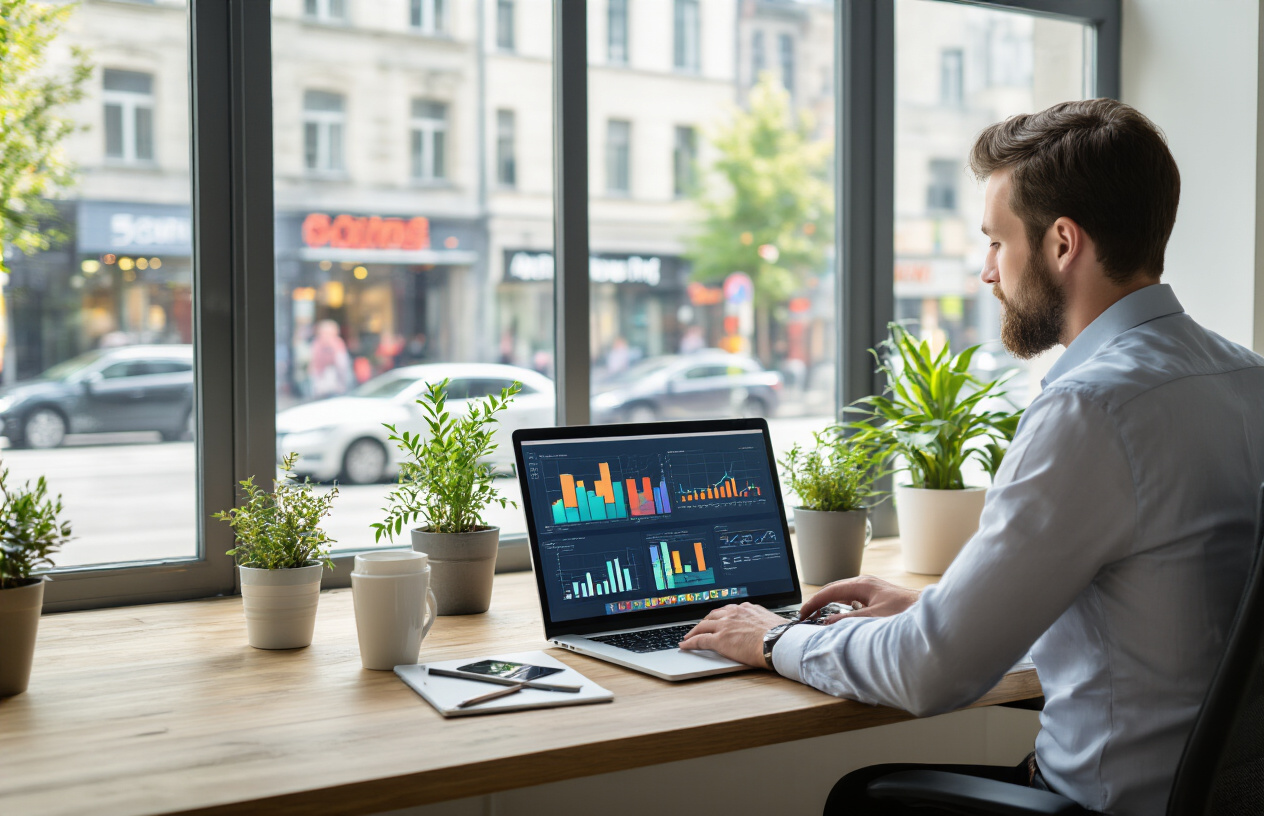 What Is Local SEO Services Lead Marketing Strategies? Better 9 Idea For Growth 3 Create a realistic image of a modern office setting with a white male business professional in his 30s sitting at a clean desk with a laptop computer displaying colorful analytics graphs and charts, surrounded by small potted plants, with a large window showing a bustling city street with local businesses visible in the background, bright natural lighting creating a productive atmosphere, the person appearing focused while reviewing digital marketing data on the screen, with a coffee cup and notepad nearby on the wooden desk surface, absolutely NO text should be in the scene.