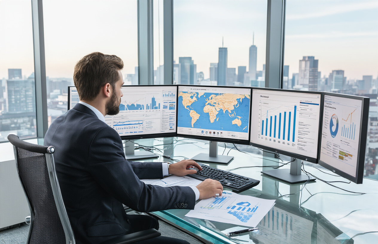 What Is Local SEO Services Lead Marketing Strategies? Better 9 Idea For Growth 5 Create a realistic image of a modern office workspace with a white male business professional in a suit analyzing competitive data on multiple computer monitors displaying maps, analytics dashboards, and local business listings, with strategic planning documents spread across a glass desk, surrounded by a sleek contemporary office environment with city skyline visible through large windows, professional lighting creating a focused and innovative atmosphere, absolutely NO text should be in the scene.