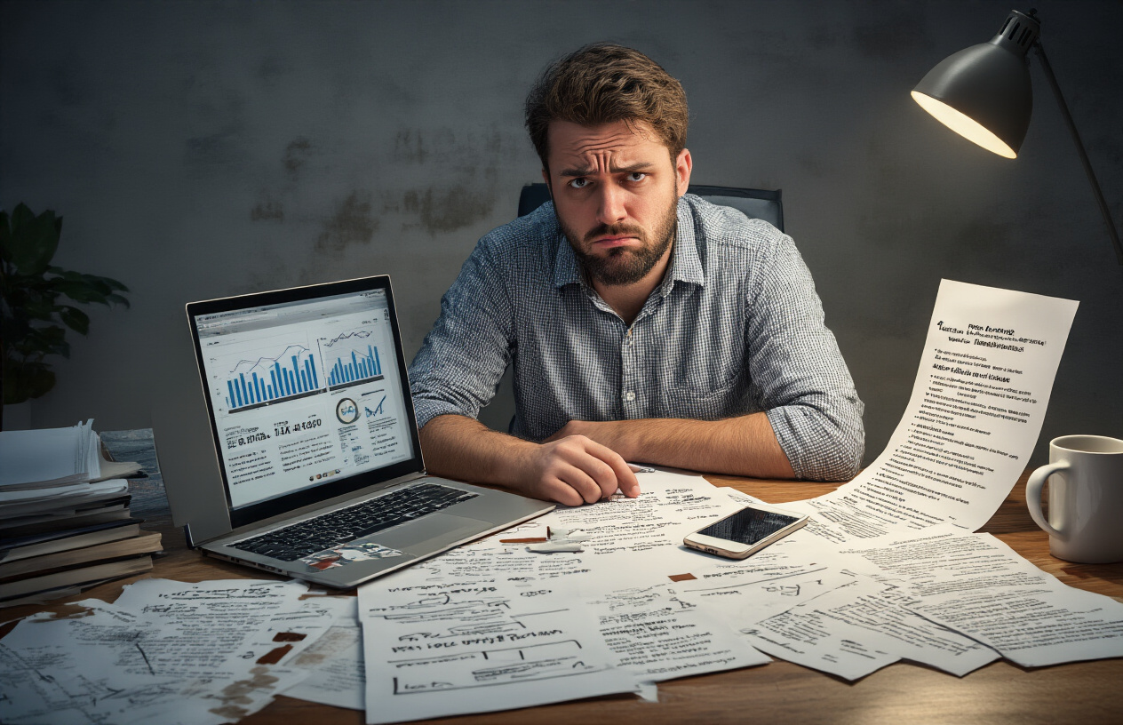 What Is Local SEO Services Lead Marketing Strategies? Better 9 Idea For Growth 7 Create a realistic image of a frustrated white male small business owner sitting at a cluttered desk with a laptop showing declining website analytics graphs, surrounded by scattered papers with crossed-out local business listings, a smartphone displaying negative online reviews, and a coffee mug, with a dimly lit office background conveying stress and concern about missed marketing opportunities, absolutely NO text should be in the scene.