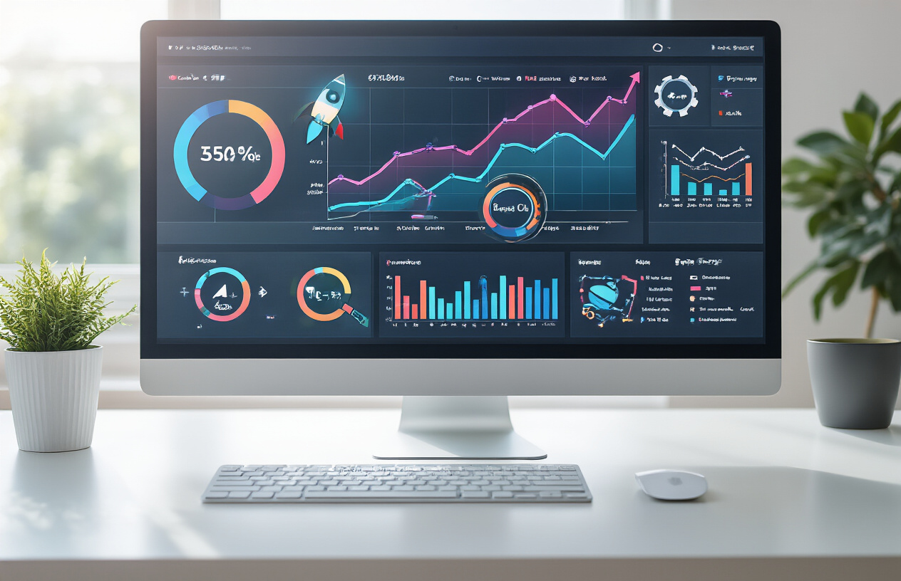 How To Indexing in SEO Rapid URL Indexer For Quick Results? Better 9 Idea 5 Create a realistic image of a modern computer screen displaying a sleek dashboard interface with colorful analytics graphs showing upward trending lines, surrounded by floating digital icons representing speed and search optimization tools like magnifying glasses, rocket symbols, and URL chain links, set against a clean office workspace with a wireless keyboard and mouse on a white desk, soft natural lighting from a window creating a professional and innovative atmosphere, absolutely NO text should be in the scene.