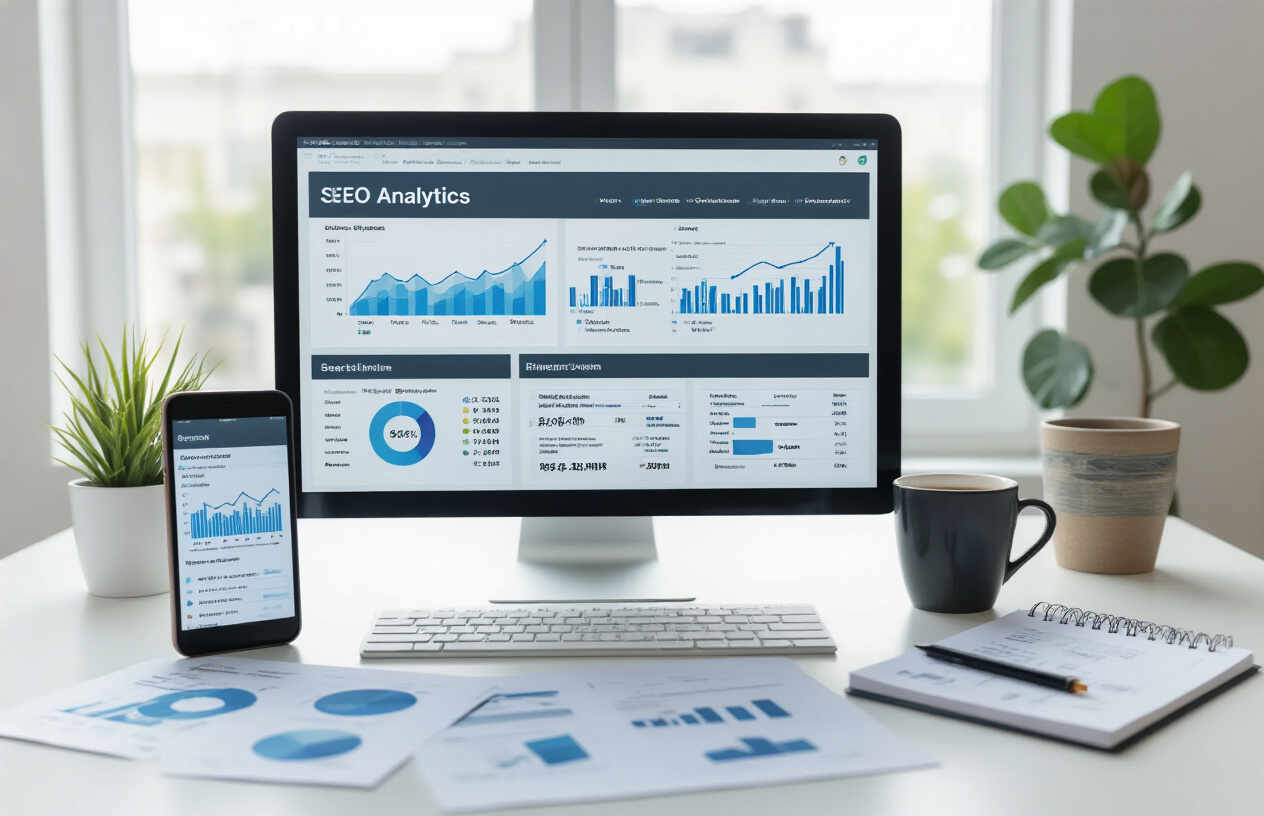 How To Indexing in SEO Rapid URL Indexer For Quick Results? Better 9 Idea 6 Create a realistic image of a modern digital workspace showing a computer monitor displaying SEO analytics dashboard with upward trending graphs and website indexing metrics, surrounded by complementary elements like a smartphone showing search results, scattered papers with website URLs and indexing charts, a coffee cup, and a notepad with SEO strategy notes, set against a clean white desk background in a bright office environment with natural lighting from a window, conveying a productive and focused atmosphere of digital marketing optimization work, absolutely NO text should be in the scene.