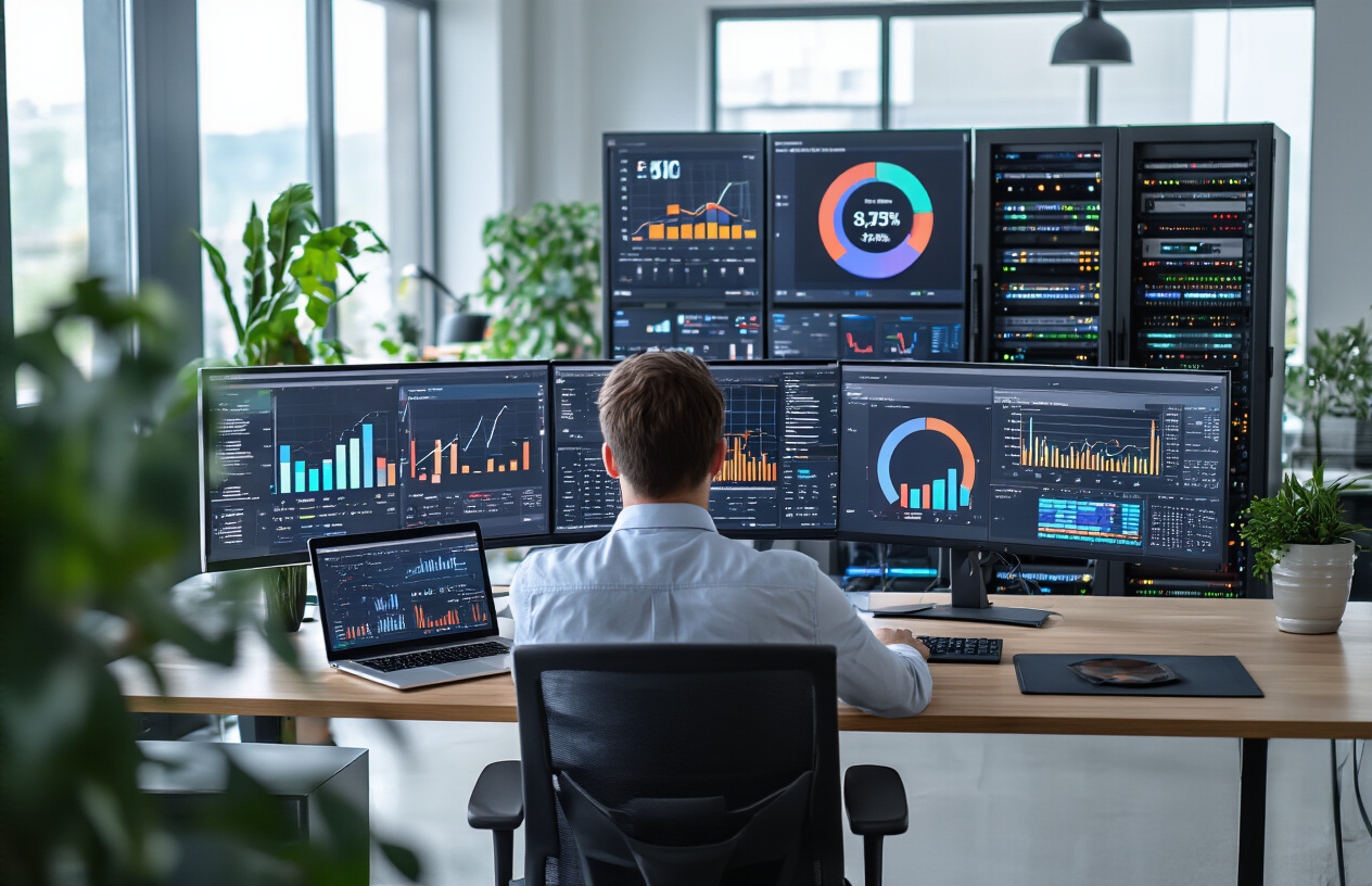 How To Indexing in SEO Rapid URL Indexer For Quick Results? Better 9 Idea 7 Create a realistic image of a modern office workspace with multiple computer monitors displaying colorful data analytics dashboards and performance graphs, a white male professional in business casual attire analyzing SEO metrics on a laptop, advanced server equipment with blinking LED lights in the background, sleek modern desk setup with ergonomic chair, bright natural lighting from large windows, clean minimalist office environment with plants, futuristic technology atmosphere suggesting optimization and performance monitoring, absolutely NO text should be in the scene.