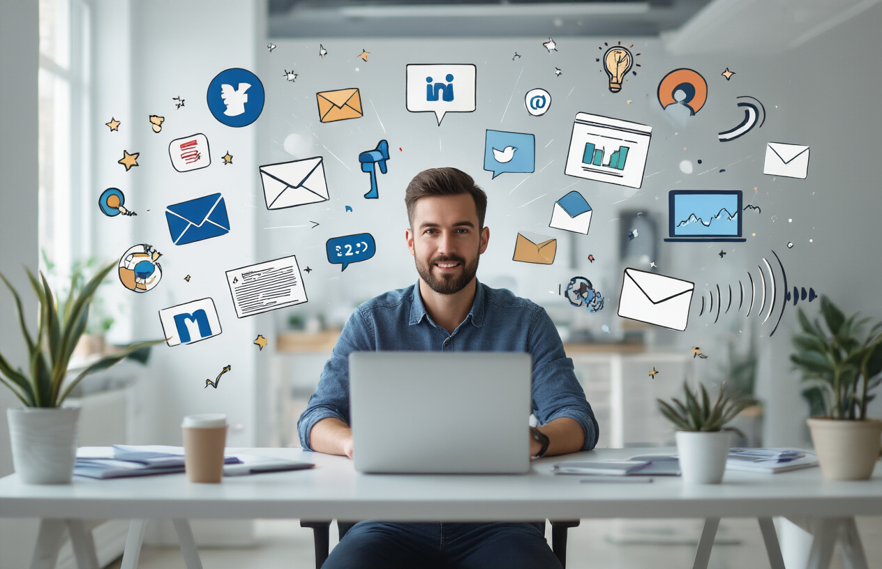 How To Do Link Baiting in SEO For More Backlinks? Exclusive 9 Info 7 Create a realistic image of a white male digital marketer sitting at a modern desk with a laptop, surrounded by multiple promotional channels including social media icons floating in the air, email newsletters on screen, influencer outreach graphics, and networking symbols, with amplification waves or sound waves radiating outward from various devices like smartphones and tablets, set in a bright modern office with soft natural lighting, conveying energy and strategic promotion activities, absolutely NO text should be in the scene.