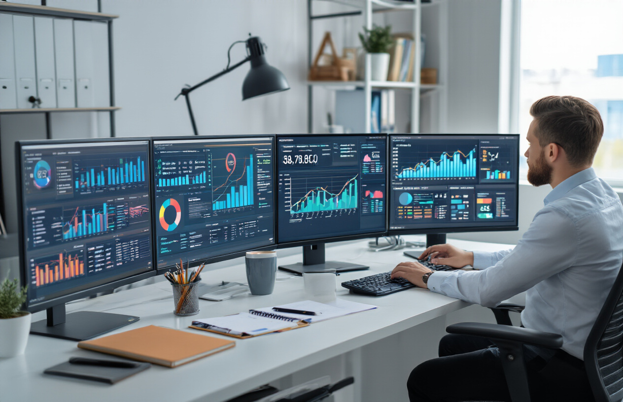 How To Do Link Baiting in SEO For More Backlinks? Exclusive 9 Info 8 Create a realistic image of a modern office workspace with multiple computer monitors displaying colorful analytics dashboards, charts, and graphs showing website traffic data, backlink metrics, and performance indicators, with a white male professional in business attire analyzing the data on screen, surrounded by organized desk accessories including notebooks, pens, and a coffee cup, set against a clean contemporary office background with natural lighting from a nearby window, conveying a focused analytical atmosphere. Absolutely NO text should be in the scene.