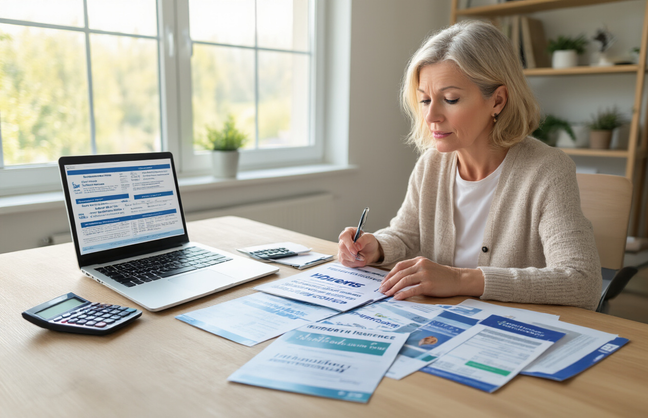 Create a realistic image of a middle-aged white female sitting at a clean wooden desk with multiple health insurance plan brochures and documents spread out in front of her, holding a pen while comparing different insurance options, with a laptop computer open displaying insurance comparison charts, a calculator nearby, and a thoughtful expression on her face as she makes her decision, set in a bright modern home office with natural lighting from a window, conveying a mood of careful consideration and informed decision-making, absolutely NO text should be in the scene.