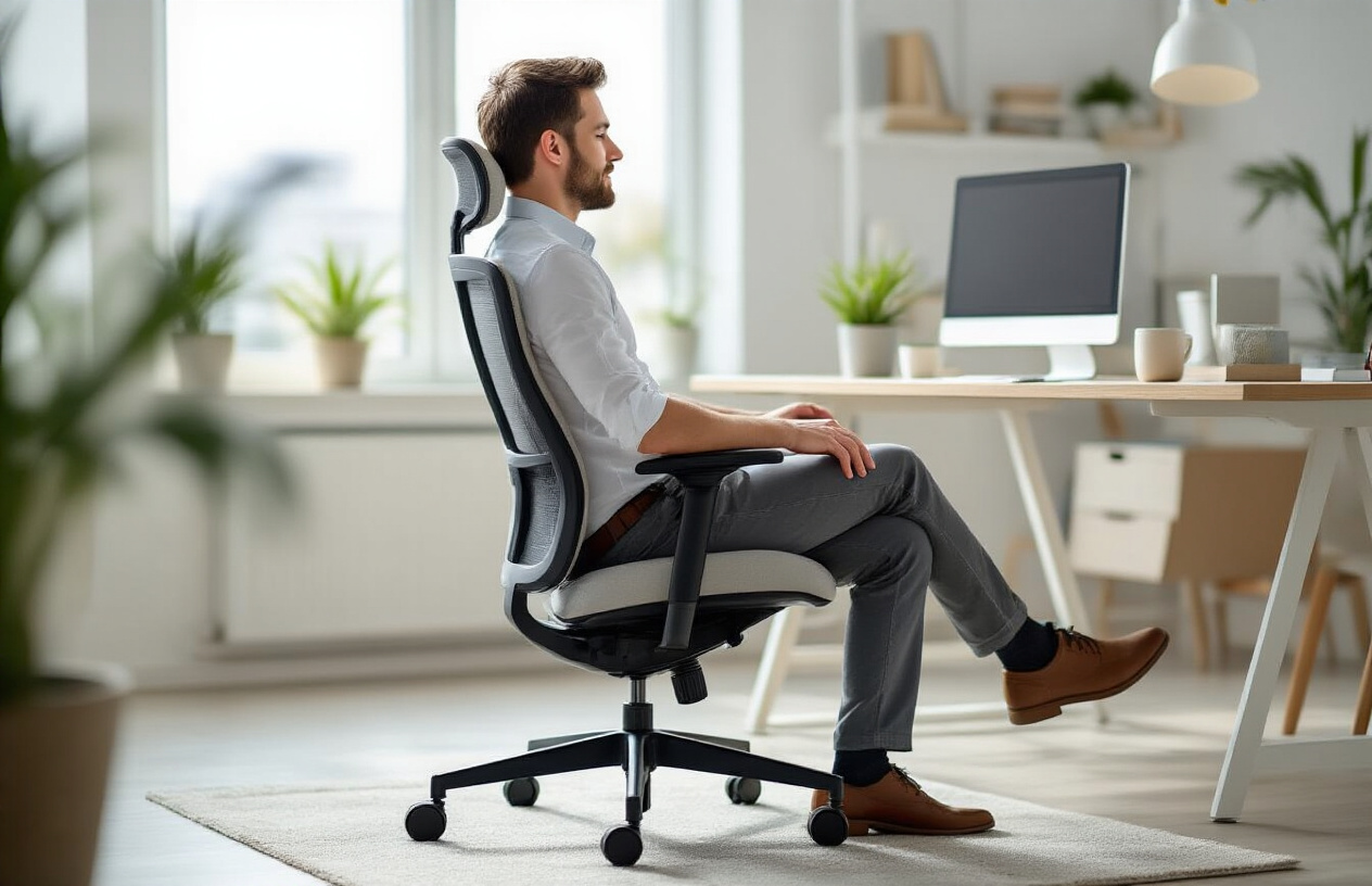 Create a realistic image of a white male office worker sitting in a modern ergonomic office chair with prominent lumbar support, showing proper posture with his back naturally curved and supported, in a clean contemporary office environment with natural lighting from a window, the chair featuring adjustable lumbar cushioning and the person appearing comfortable and pain-free while working at a desk, with soft professional lighting highlighting the ergonomic design of the chair and the proper spinal alignment, absolutely NO text should be in the scene.