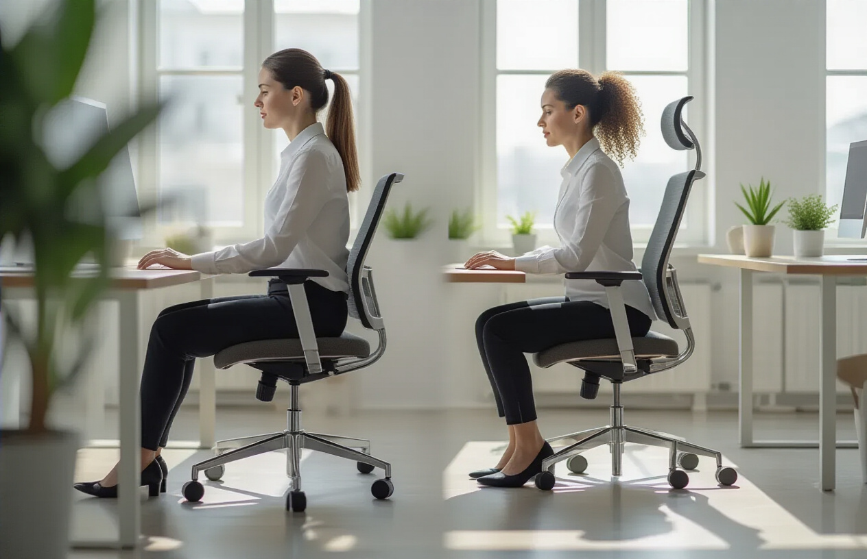 Create a realistic image of a side-by-side comparison showing a white female office worker at two different workstations, one showing poor posture while sitting in a basic chair with her back curved and shoulders hunched forward, and the other showing excellent upright posture while sitting in a modern ergonomic office chair with visible lumbar support, her spine naturally aligned and shoulders relaxed, both scenes set in a bright modern office environment with natural lighting from windows, the contrast clearly demonstrating the dramatic improvement in posture, absolutely NO text should be in the scene.