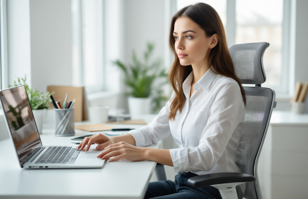 Create a realistic image of a focused white female professional sitting in a modern ergonomic office chair with visible lumbar support, working productively at a clean desk with a laptop and organized office supplies, surrounded by a bright contemporary office environment with natural lighting streaming through windows, showing concentrated facial expression and good posture that demonstrates enhanced focus and productivity. Absolutely NO text should be in the scene.