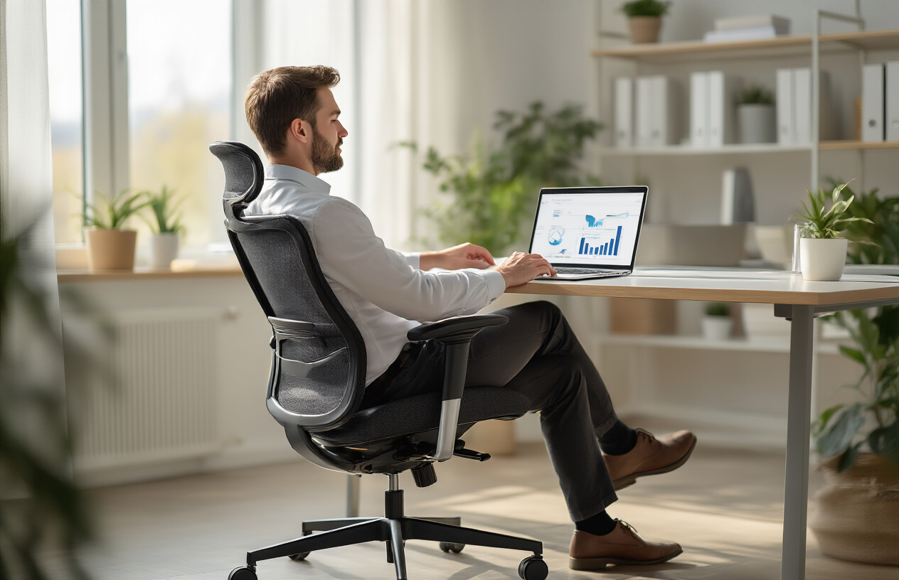 Create a realistic image of a professional office setting showing a modern ergonomic office chair with visible lumbar support positioned at a sleek desk, with a white male professional sitting comfortably in the chair working on a laptop, displaying relaxed posture and focused concentration, warm natural lighting from a nearby window creating a comfortable atmosphere, clean minimalist office background with subtle plants and organizational elements, emphasizing the comfort and support provided during extended work periods, absolutely NO text should be in the scene.