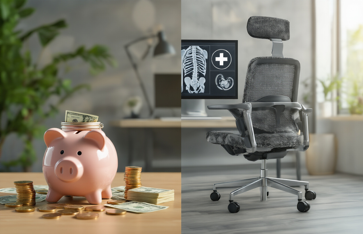 Create a realistic image of a modern ergonomic office chair with visible lumbar support positioned next to a desk, with a split-screen or comparison visual showing on one side a piggy bank or savings jar with coins and dollar bills scattered around it, and on the other side health-related icons like a spine diagram or medical cross symbol, all set in a clean professional office environment with soft natural lighting from a window, warm and optimistic mood suggesting financial wisdom and health consciousness, absolutely NO text should be in the scene.