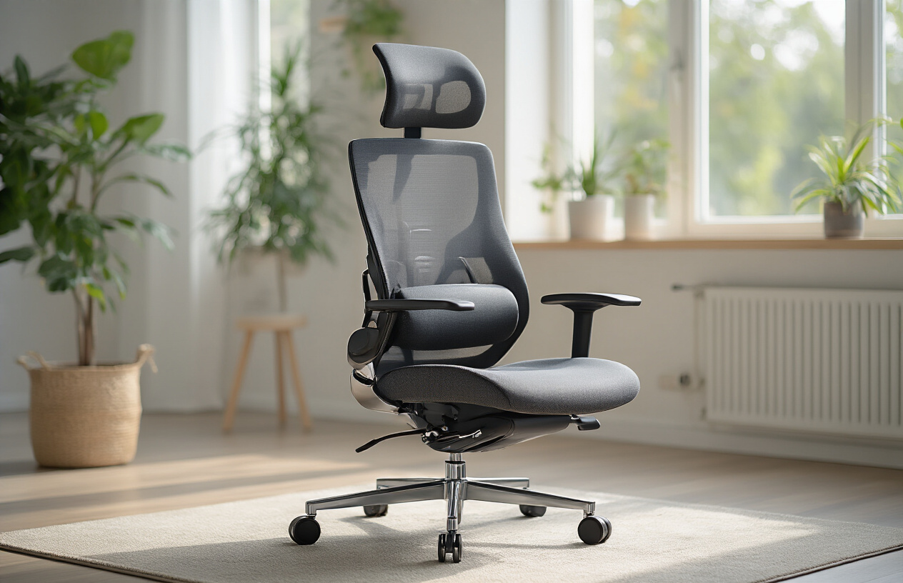 Create a realistic image of a modern ergonomic office chair with visible lumbar support mechanism and adjustable features, showing customizable elements like seat height adjustment lever, armrest positioning controls, and backrest tilt mechanism, positioned in a clean office environment with soft natural lighting from a window, demonstrating the chair's adaptability with subtle indicators of movement and adjustment capabilities, absolutely NO text should be in the scene.
