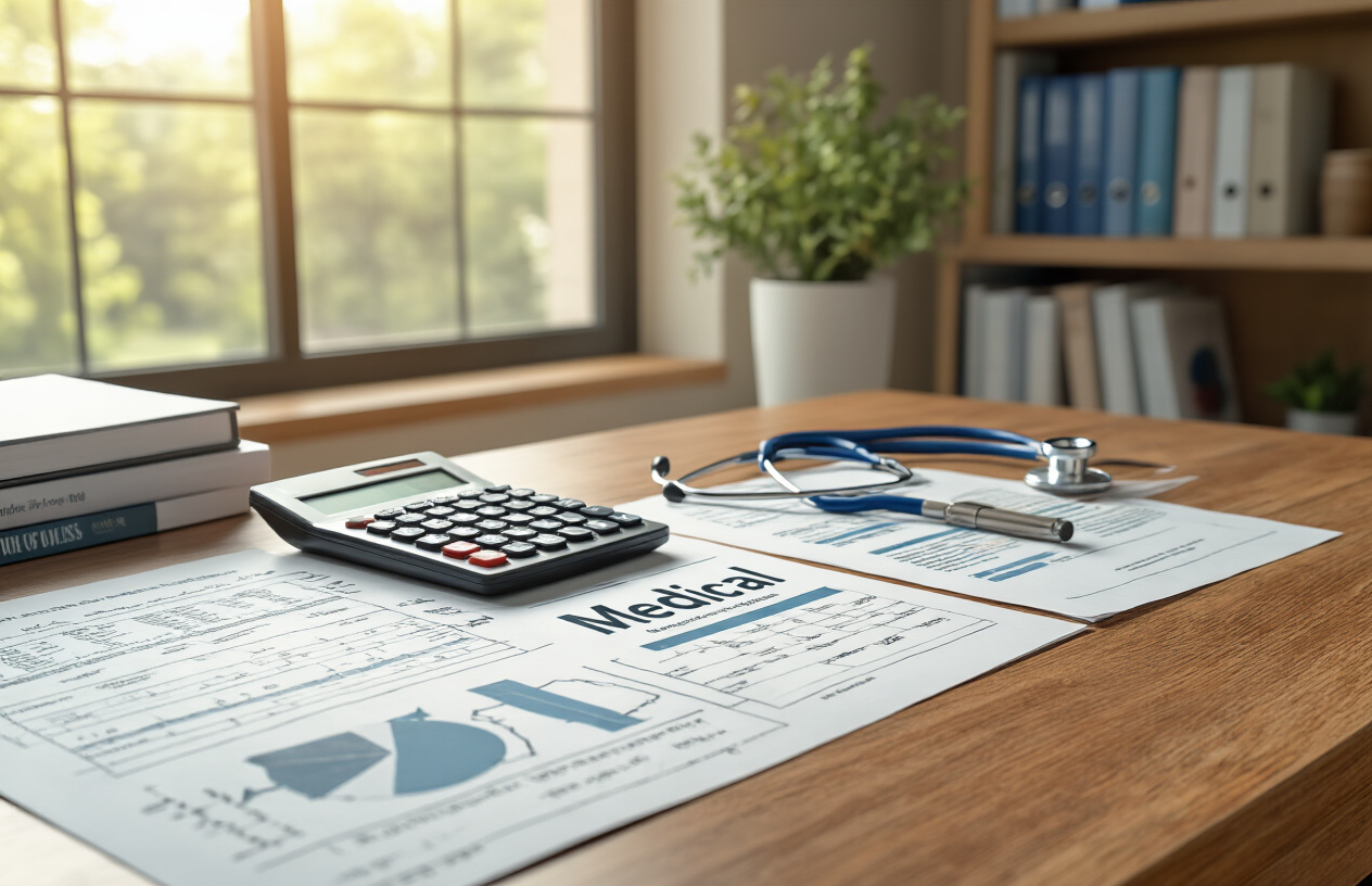 Create a realistic image of a modern medical college administrative office scene with financial documents and fee calculation charts spread across a wooden desk, featuring a calculator, medical textbooks, stethoscope, and official college brochures, with warm natural lighting from a window creating a professional educational atmosphere, absolutely NO text should be in the scene.