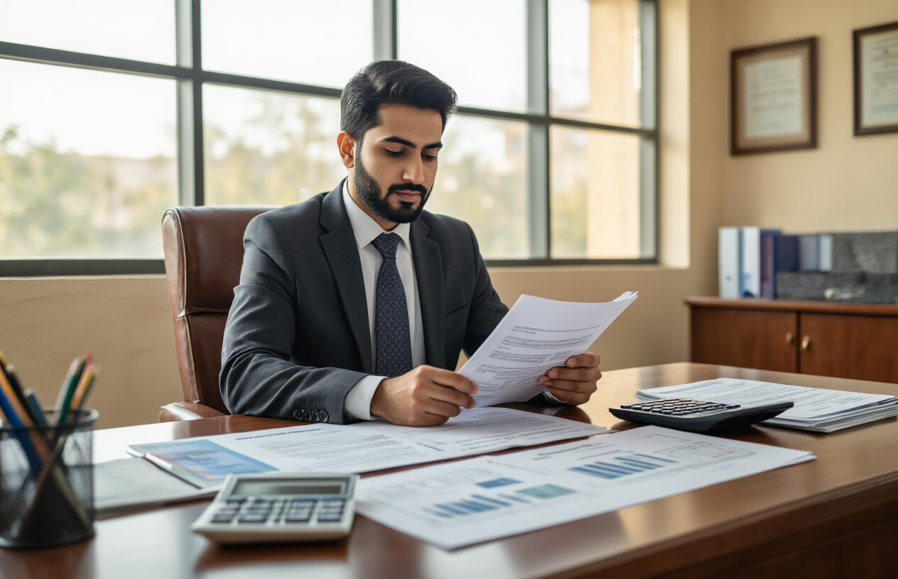 Create a realistic image of a modern university admissions office with a Pakistani male administrator in business attire sitting at a polished wooden desk, reviewing admission documents and fee structure papers, with a calculator, official college brochures, and payment schedule charts spread across the desk, warm natural lighting streaming through large windows, professional academic atmosphere with framed certificates on the walls, absolutely NO text should be in the scene.