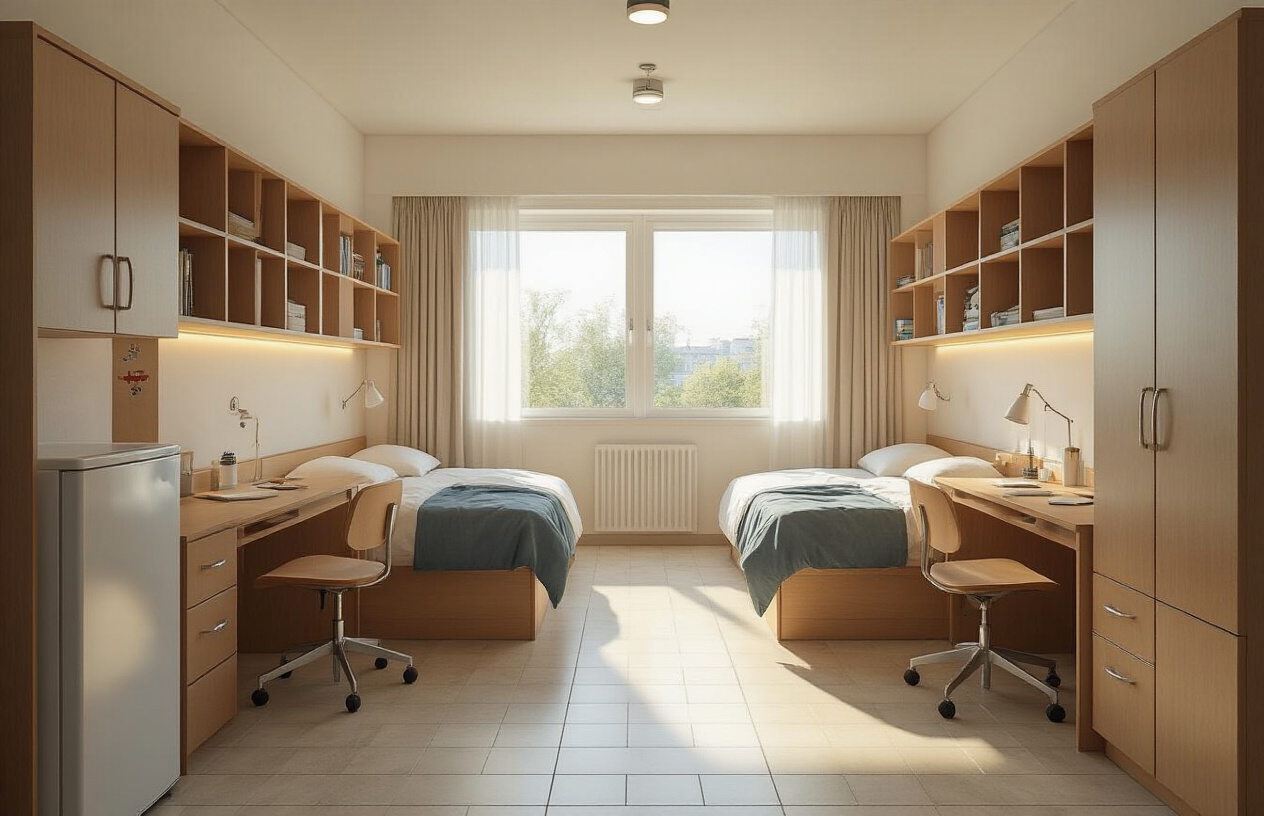 Create a realistic image of a modern dormitory room interior with two single beds with neat bedding, study desks with chairs, wardrobes, a small refrigerator, good lighting from windows, clean tiled floors, and basic amenities typical of medical college student accommodation, with warm natural lighting creating a comfortable living atmosphere, absolutely NO text should be in the scene.