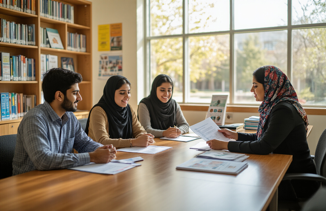 Create a realistic image of Pakistani students of mixed gender and ethnicity sitting at wooden tables in a bright, modern university counseling office, with a middle-aged South Asian female counselor in professional attire reviewing documents and speaking with students, scholarships certificates and financial aid brochures visible on the desk, warm natural lighting streaming through large windows, creating an encouraging and supportive atmosphere, with bookshelves and educational posters in the background, absolutely NO text should be in the scene.