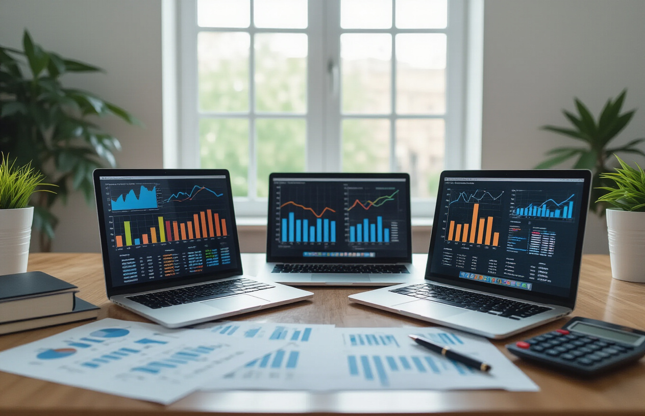 Create a realistic image of a modern office desk with multiple open laptops displaying colorful bar charts and comparison graphs, surrounded by printed documents with financial data tables, a calculator, and a pen, set against a clean white background with soft natural lighting from a window, representing financial analysis and comparison work, absolutely NO text should be in the scene.