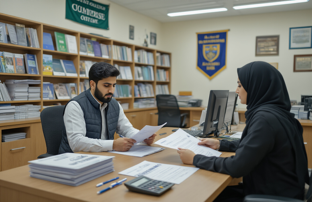 Create a realistic image of a modern university admissions office with a Pakistani male admission counselor sitting behind a desk reviewing application documents, with shelves of organized admission forms and brochures in the background, a female Pakistani student in hijab sitting across from him holding application papers, bright fluorescent office lighting, professional academic atmosphere with university banners and achievement certificates on walls, computers and filing cabinets visible, clean organized workspace with pens and calculators on the desk, absolutely NO text should be in the scene.