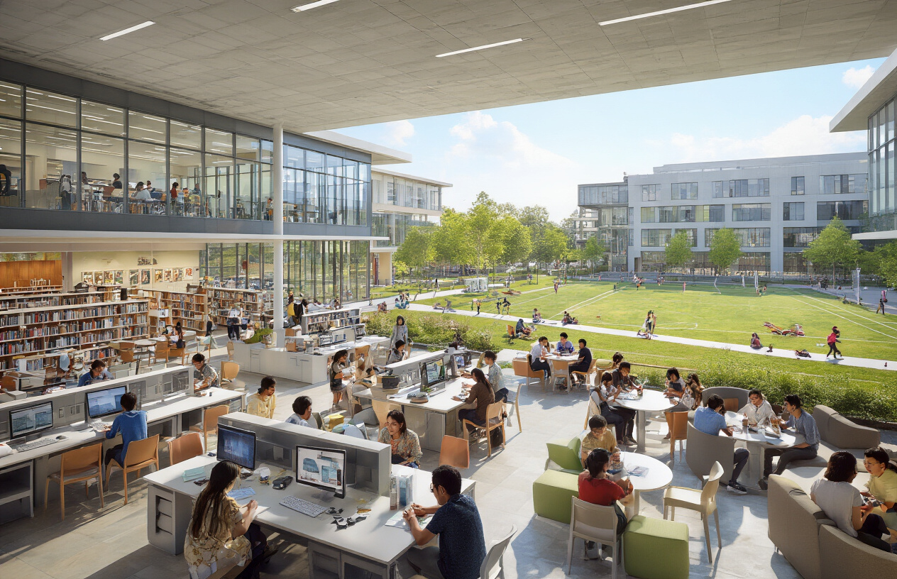 Create a realistic image of a vibrant modern university campus showing diverse facilities including a contemporary library with large glass windows, well-equipped computer labs with students working, a modern cafeteria with diverse Asian, white, and black male and female students socializing, recreational areas with green spaces and seating areas, sports facilities in the background, and modern academic buildings with clean architecture, captured in bright natural daylight with a welcoming and energetic atmosphere that showcases student life enhancement, absolutely NO text should be in the scene.