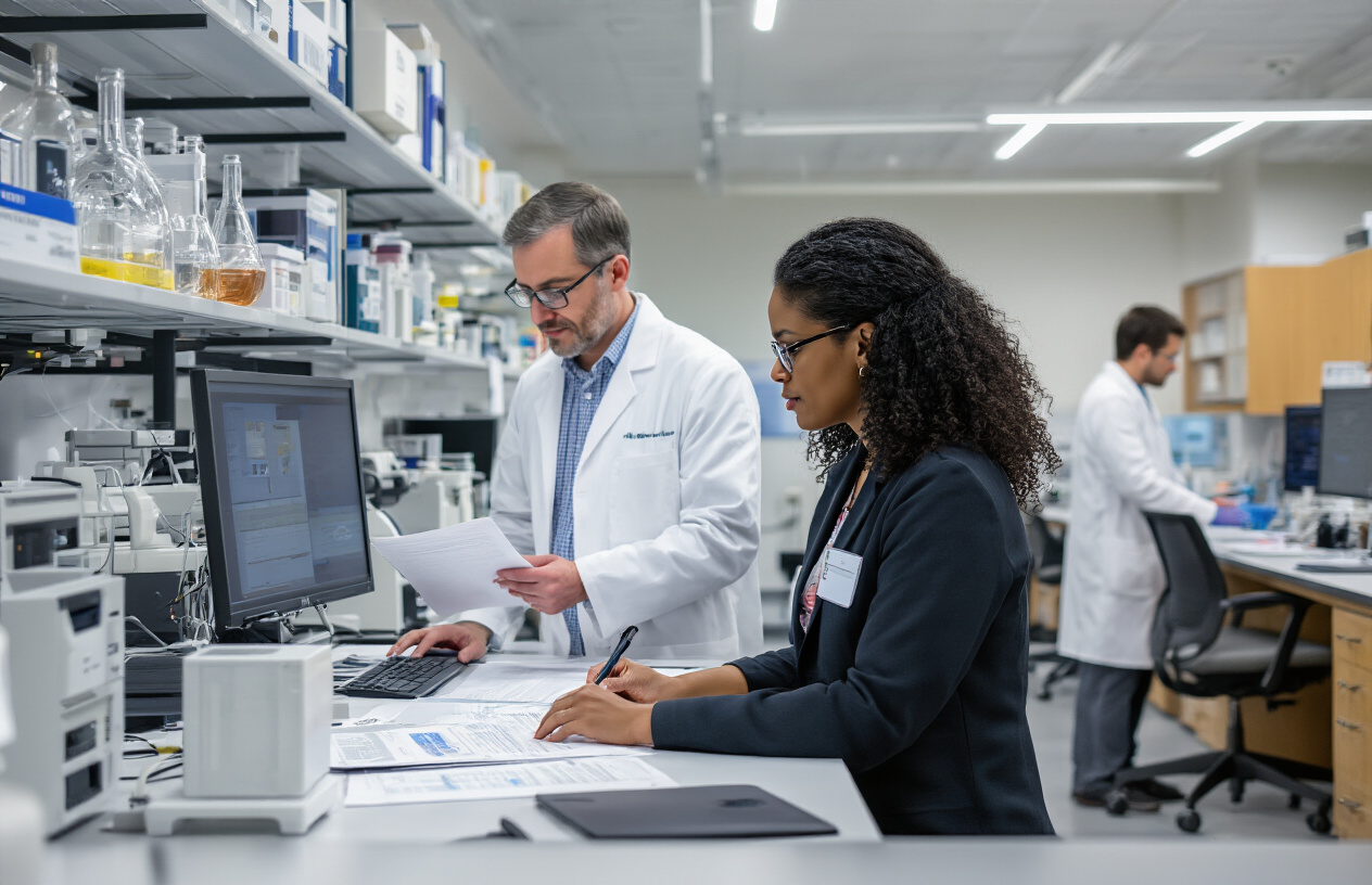 Create a realistic image of a modern university research laboratory and faculty meeting space showing diverse academic professionals including white male and black female professors in professional attire examining research documents and working with advanced computer equipment, laboratory instruments visible in background, bright fluorescent lighting illuminating clean contemporary academic environment with university setting, collaborative atmosphere with professors engaged in scholarly discussion, modern furniture and academic resources, professional academic mood conveying excellence and innovation, absolutely NO text should be in the scene.