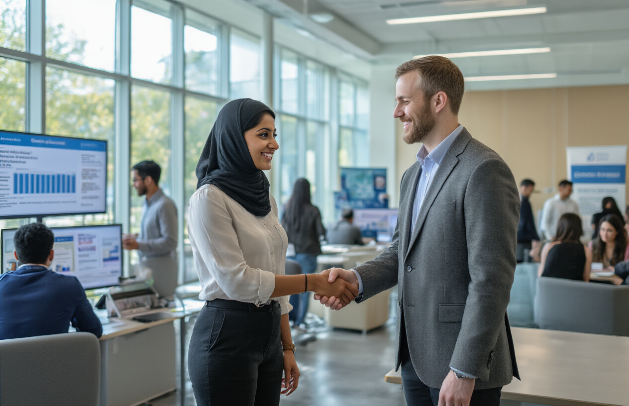 Create a realistic image of a modern university career center with professional staff members including a South Asian female career counselor and a white male industry representative shaking hands, students of diverse backgrounds reviewing job postings on digital displays, corporate logos and company banners visible on walls, polished office environment with glass conference rooms in background, bright natural lighting from large windows, networking event atmosphere with people engaged in professional conversations, modern furniture and technology equipment, warm and encouraging professional atmosphere, absolutely NO text should be in the scene.