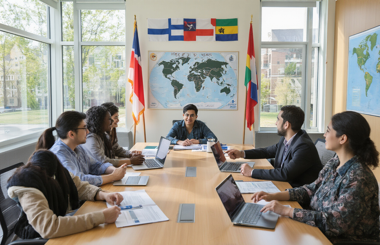 Create a realistic image of diverse university students from different ethnic backgrounds (white, black, Asian, Middle Eastern) both male and female sitting around a modern conference table in a bright university meeting room, with flags of various countries displayed on the wall behind them, laptops and documents spread on the table, large windows showing a campus view, professional lighting creating a collaborative academic atmosphere, handshakes between students suggesting partnership agreements, and a world map visible on one wall indicating global connections, absolutely NO text should be in the scene.