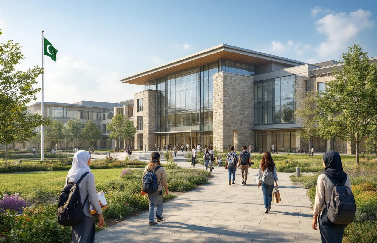 Create a realistic image of a modern university campus with a prominent administrative building featuring contemporary architecture, stone and glass facade, surrounded by well-maintained gardens with students of diverse ethnicities including Asian, white, and black male and female students walking on paved pathways carrying books and backpacks, clear blue sky with soft natural lighting, Pakistani flag visible on a flagpole, creating an academic and welcoming atmosphere that represents higher education excellence, absolutely NO text should be in the scene.