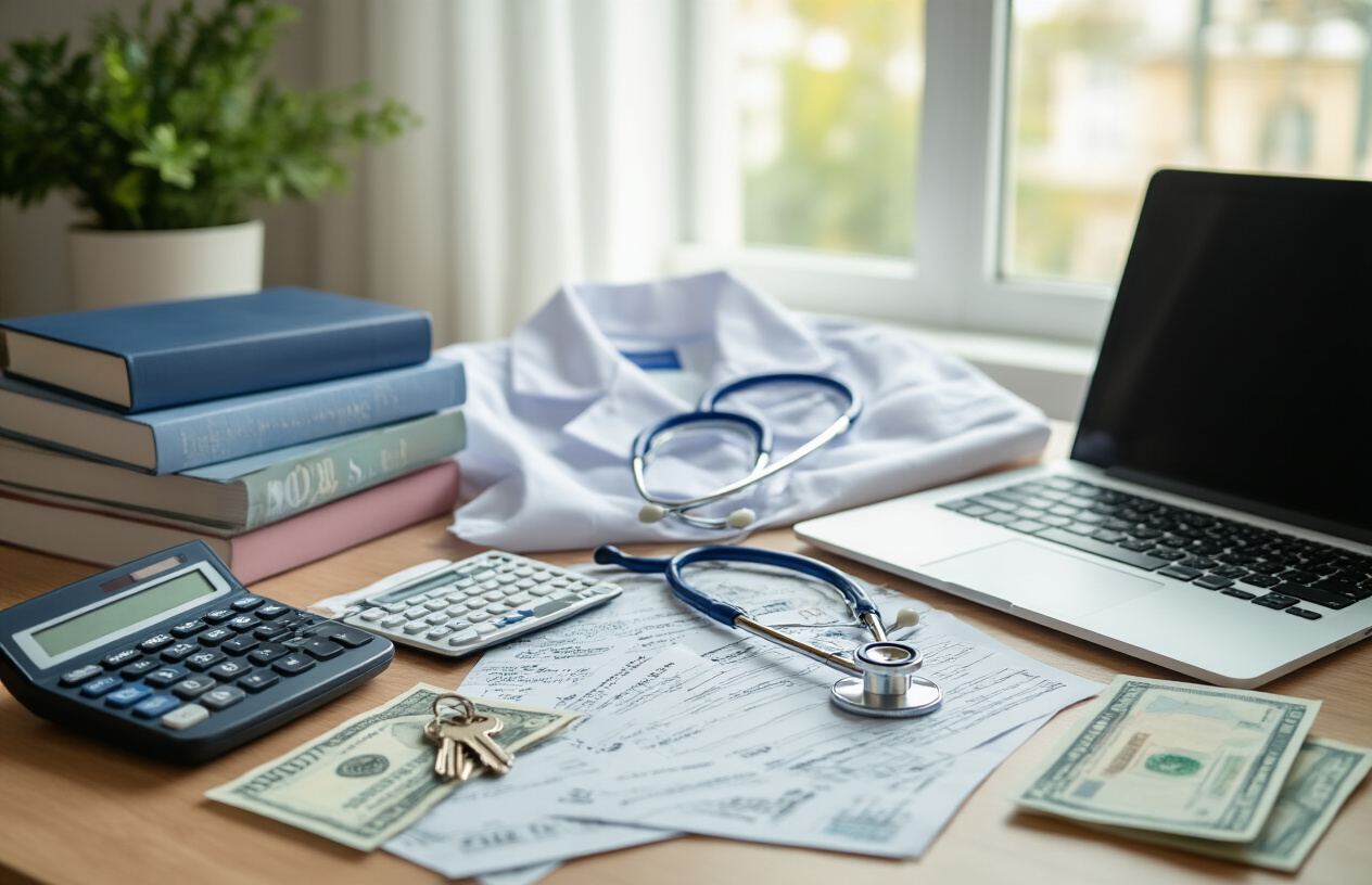 Create a realistic image of a scattered collection of educational expenses including medical textbooks, a stethoscope, white lab coat, calculator, receipts, banknotes, hostel room keys, and a laptop computer arranged on a wooden desk surface, with soft natural lighting from a window, creating a study-focused atmosphere that represents the various additional costs medical students face beyond tuition fees, absolutely NO text should be in the scene.