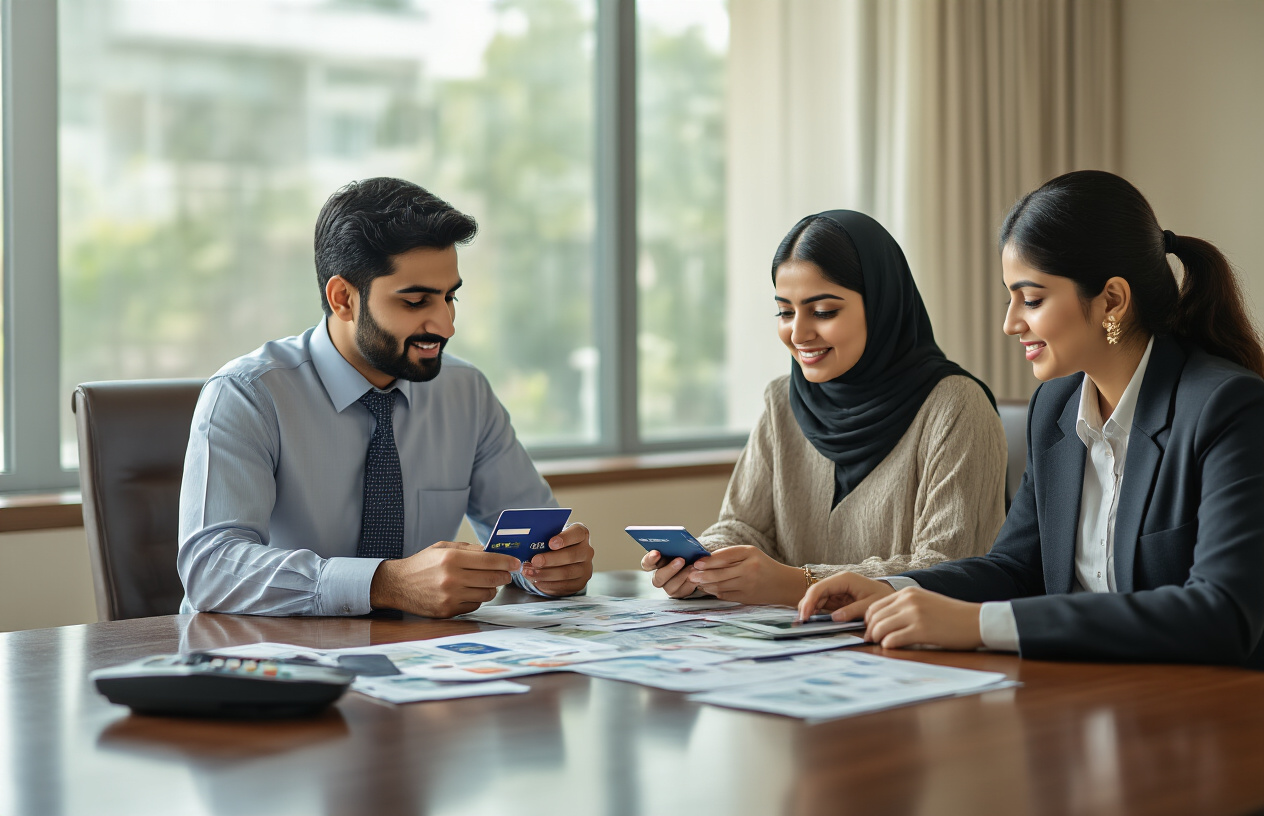 Create a realistic image of a modern Pakistani banking environment showing diverse payment methods including credit cards, mobile banking apps on smartphones, cash bundles, and bank transfer documents spread across a polished wooden desk, with a professional South Asian male banker in business attire consulting with a South Asian female student and her parents about education financing options, soft natural lighting from large windows creating a trustworthy and supportive atmosphere, absolutely NO text should be in the scene.