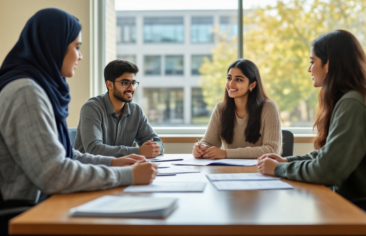 Create a realistic image of South Asian students in a modern university financial aid office, with a female counselor of Pakistani descent sitting across from diverse male and female students at a wooden desk, scholarship certificates and financial documents spread on the desk, bright natural lighting streaming through large windows, professional yet welcoming atmosphere, university building visible in the background through the window, students appearing hopeful and engaged in discussion about educational funding opportunities, absolutely NO text should be in the scene.
