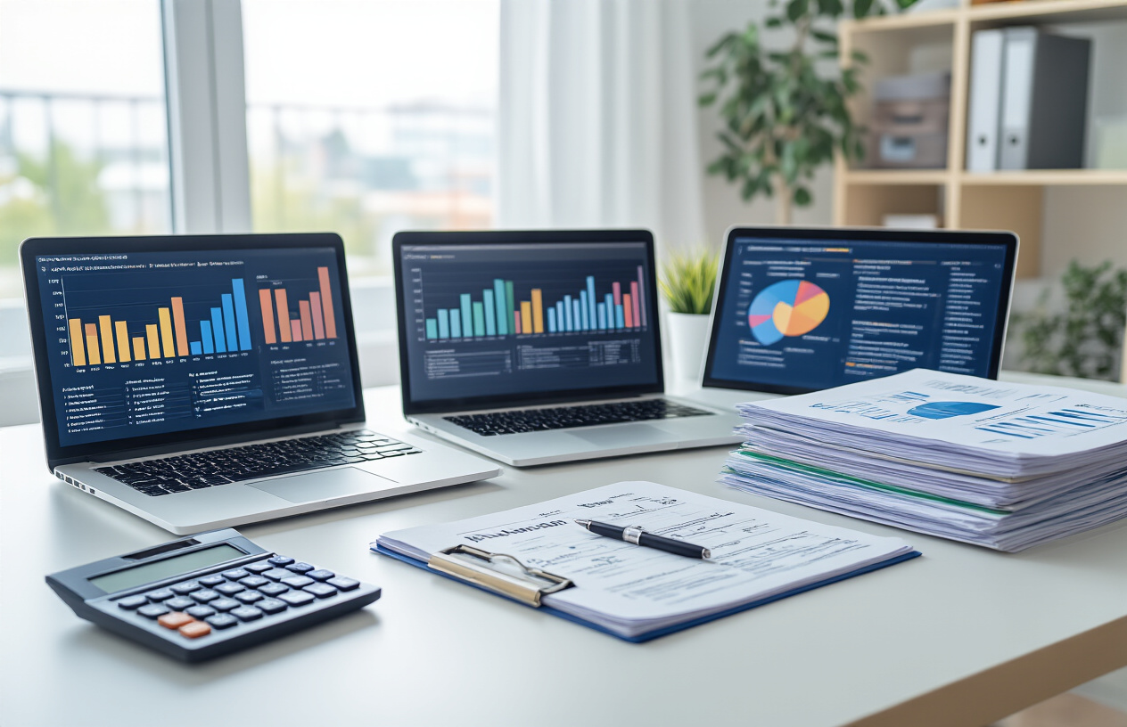 Create a realistic image of a modern office desk with multiple open laptops displaying colorful bar charts and comparison tables, stacks of organized documents and brochures from various Pakistani medical colleges, a calculator, pen, and notepad with handwritten notes, set against a clean white background with soft natural lighting from a window, creating a professional academic research atmosphere, Absolutely NO text should be in the scene.