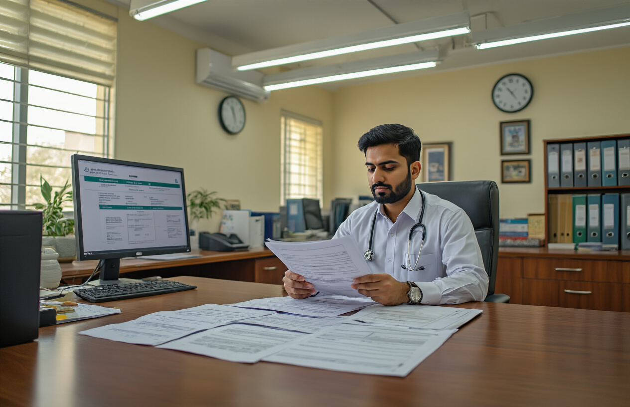 Create a realistic image of a modern Pakistani medical college administrative office with a South Asian male admissions officer sitting behind a wooden desk reviewing application documents and fee payment schedules, with official admission requirement papers spread across the desk, a computer displaying payment deadlines, filing cabinets containing student records in the background, warm fluorescent lighting creating a professional academic atmosphere, and a clock on the wall showing business hours, absolutely NO text should be in the scene.