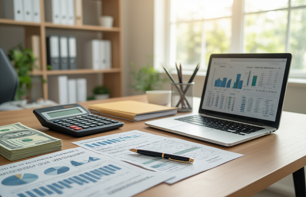 Create a realistic image of a clean, modern office desk with financial documents and calculators spread across the surface, featuring detailed spreadsheets with numerical data, Pakistani rupee currency notes arranged neatly, a laptop computer displaying financial charts, professional stationery including pens and folders, set against a bright academic office background with natural lighting from a window, warm and professional atmosphere conveying financial planning and education costs analysis, absolutely NO text should be in the scene.