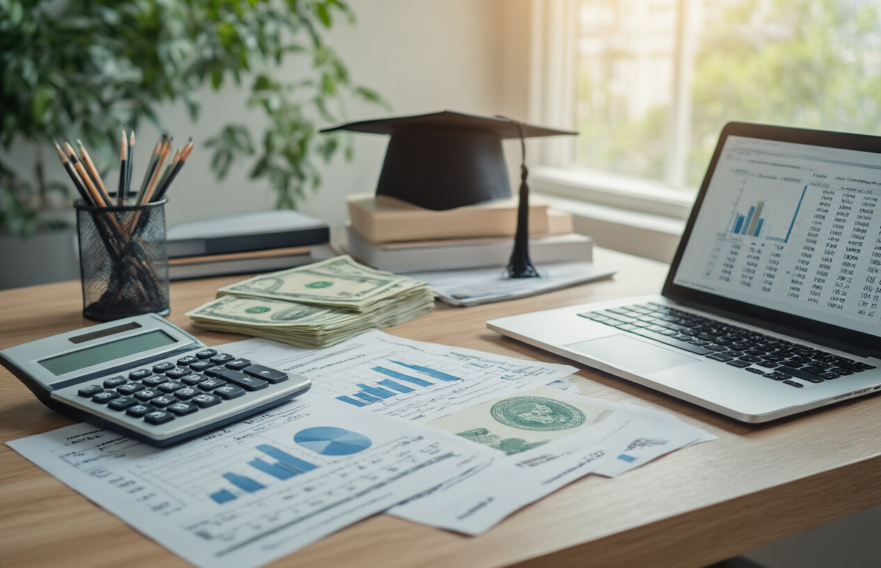 Create a realistic image of a clean, modern office desk with financial documents, calculator, charts showing yearly progression, Pakistani rupee currency notes, a laptop displaying spreadsheet data, and graduation cap in the background, with soft natural lighting from a window, representing academic fee analysis, absolutely NO text should be in the scene.