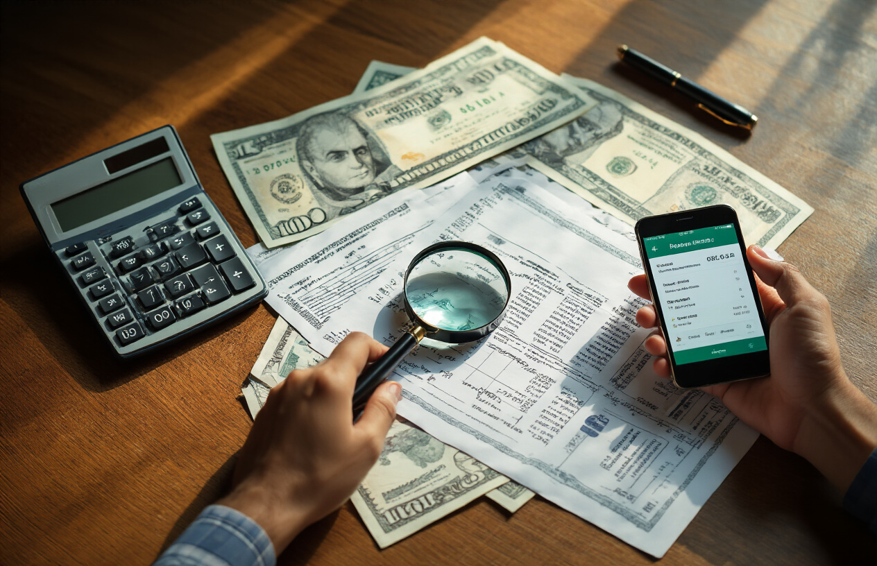 Create a realistic image of a wooden desk surface with scattered financial documents, calculator, Pakistani rupee banknotes, a magnifying glass positioned over a paper showing itemized fees, a pen, and a concerned South Asian male student's hands holding a smartphone displaying a banking app, with warm indoor lighting creating shadows across the papers, conveying a mood of financial scrutiny and concern about educational expenses, absolutely NO text should be in the scene.