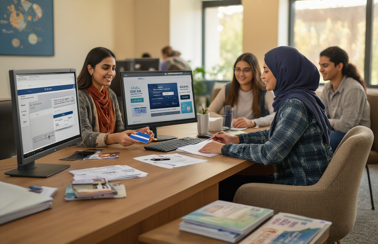 Create a realistic image of a modern university administrative office with a diverse group of students and staff discussing payment options, featuring a clean desk with multiple payment method icons visible (credit cards, bank transfer documents, installment plan papers), a professional South Asian female financial advisor explaining options to a young Pakistani male student, a computer screen showing payment portals in the background, warm office lighting creating a welcoming atmosphere, additional students waiting in comfortable chairs, and financial brochures neatly arranged on a side table, absolutely NO text should be in the scene.